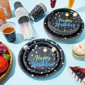 Happy Birthday Plates and Napkins Set Serve 25, Black and Iridescent Birthday Party Supplies, Disposable Paper Plates Napkins Cups, Birthday Tableware for Glitter Birthday Party Decorations