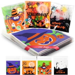 artby7 100 pack 4''x4'' halloween treat bags for candy or cookies, self adhesive small candy snake goodie bags for halloween party favor and gift packing, trick or treat bags