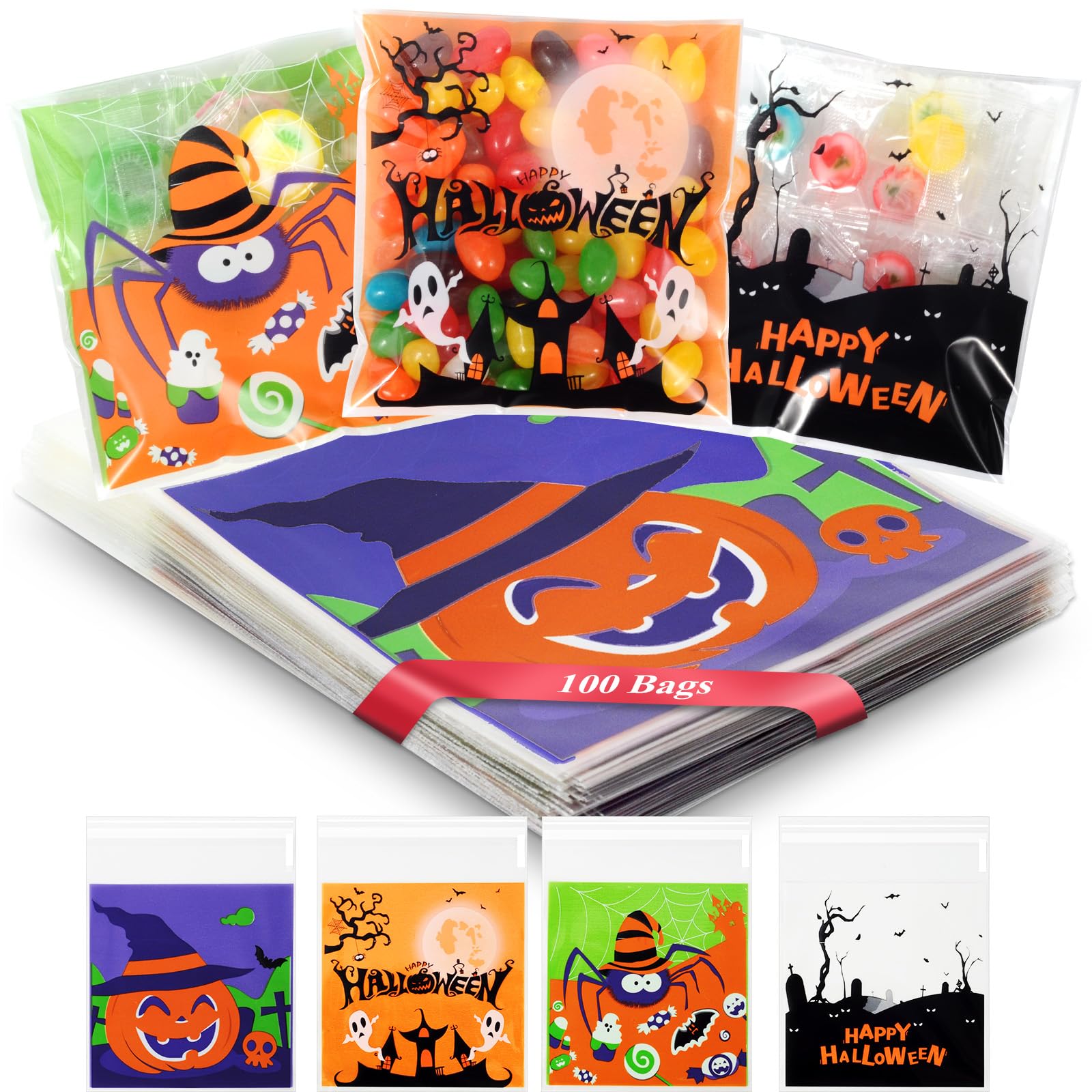 Artby7 100 Pack 4''x4'' Halloween Treat Bags for Candy or Cookies, Self Adhesive Small Candy Snake Goodie Bags for Halloween Party Favor and Gift Packing, Trick or Treat Bags