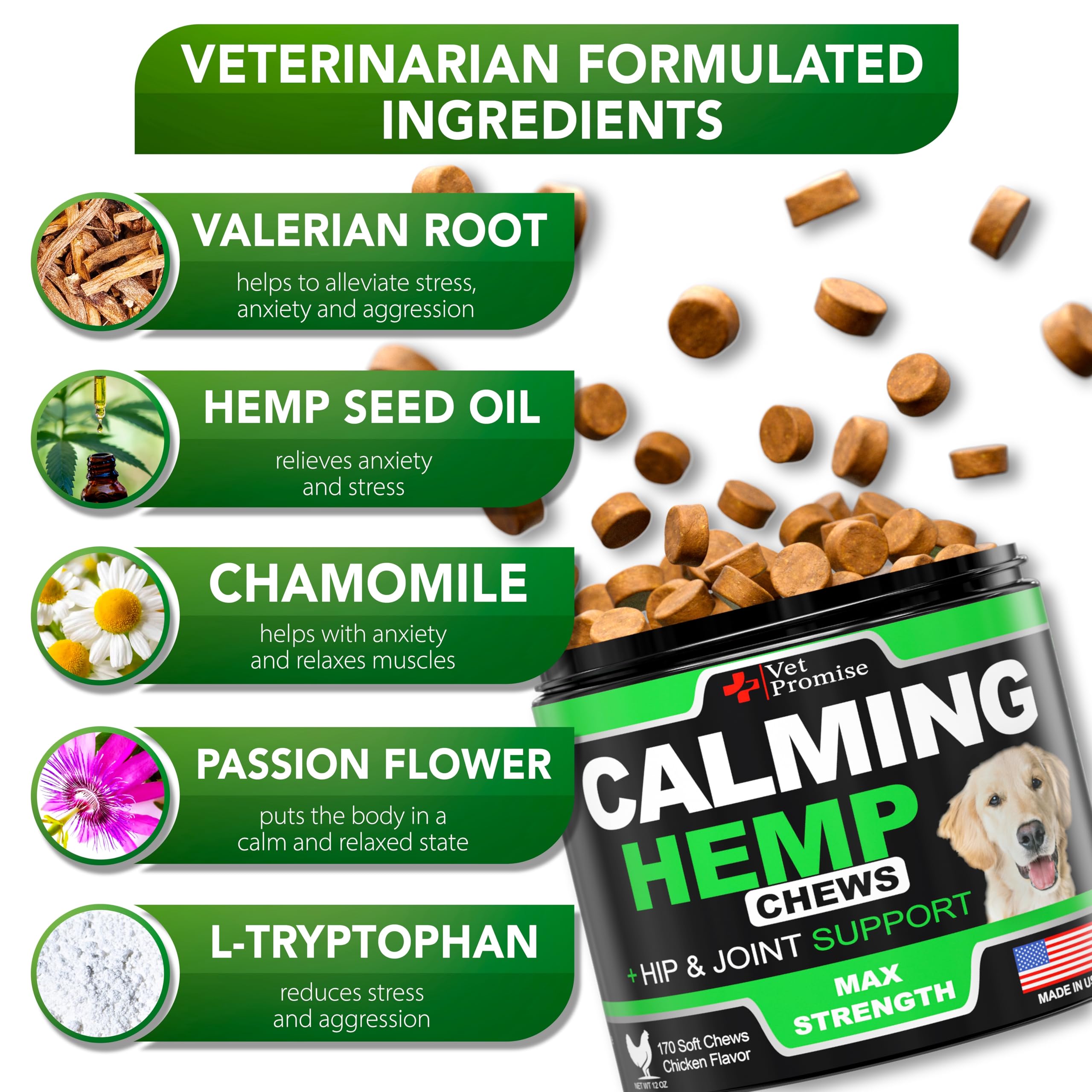 Hemp Calming Chews for Dogs Anxiety - Advanced Dog Calming Chews - 170 Chews - Dog Anxiety Relief with Hemp Oil - Calming Treats for Dogs - Hip and Joint Supplement Health Support for Dogs