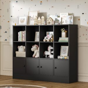 diyart black bookshelf, wood bookcase with 3 tier shelves, 12 cube storage organizer with doors for bedroom, living room, 47.8" w x 39.1" h