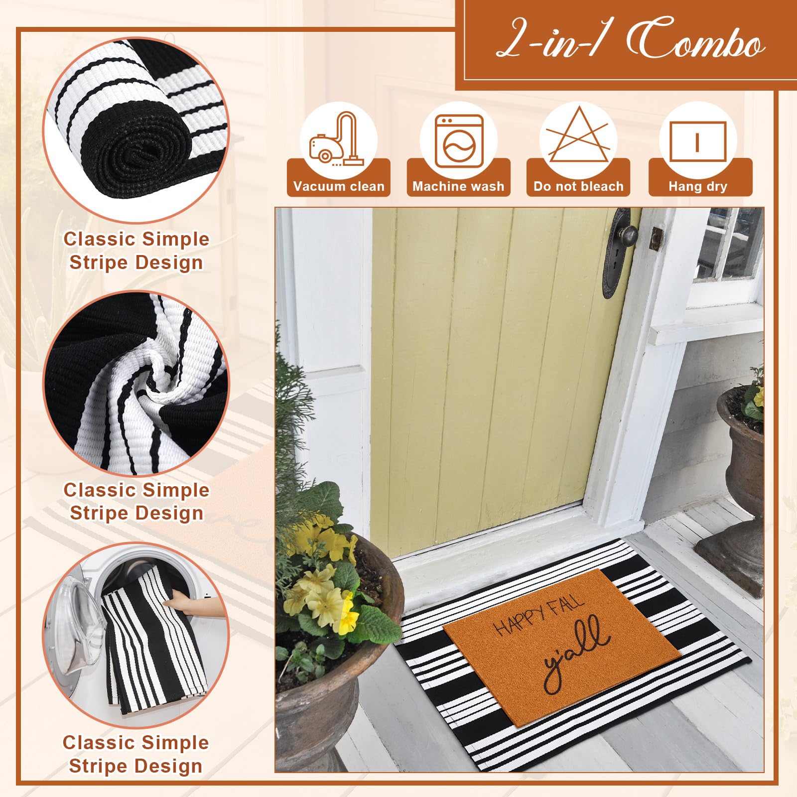 Tinideya 2 Pcs Fall Front Door Welcome Doormat Set Includes 24 x 35 Black and White Striped Mat 16 x 24 Welcome Mat Coir Door Mat Autumn Doormat Washable for Outdoor Indoor Entrance(Happy Fall)