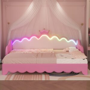 Merax Twin Size Upholstered Princess Bed Frame with Crown Headboard and Light Strips, Space-Saving Extending Daybed Pull Out Sofa Bed for Girls Teens Kids Bedroom, No Box Spring Needed, Pink