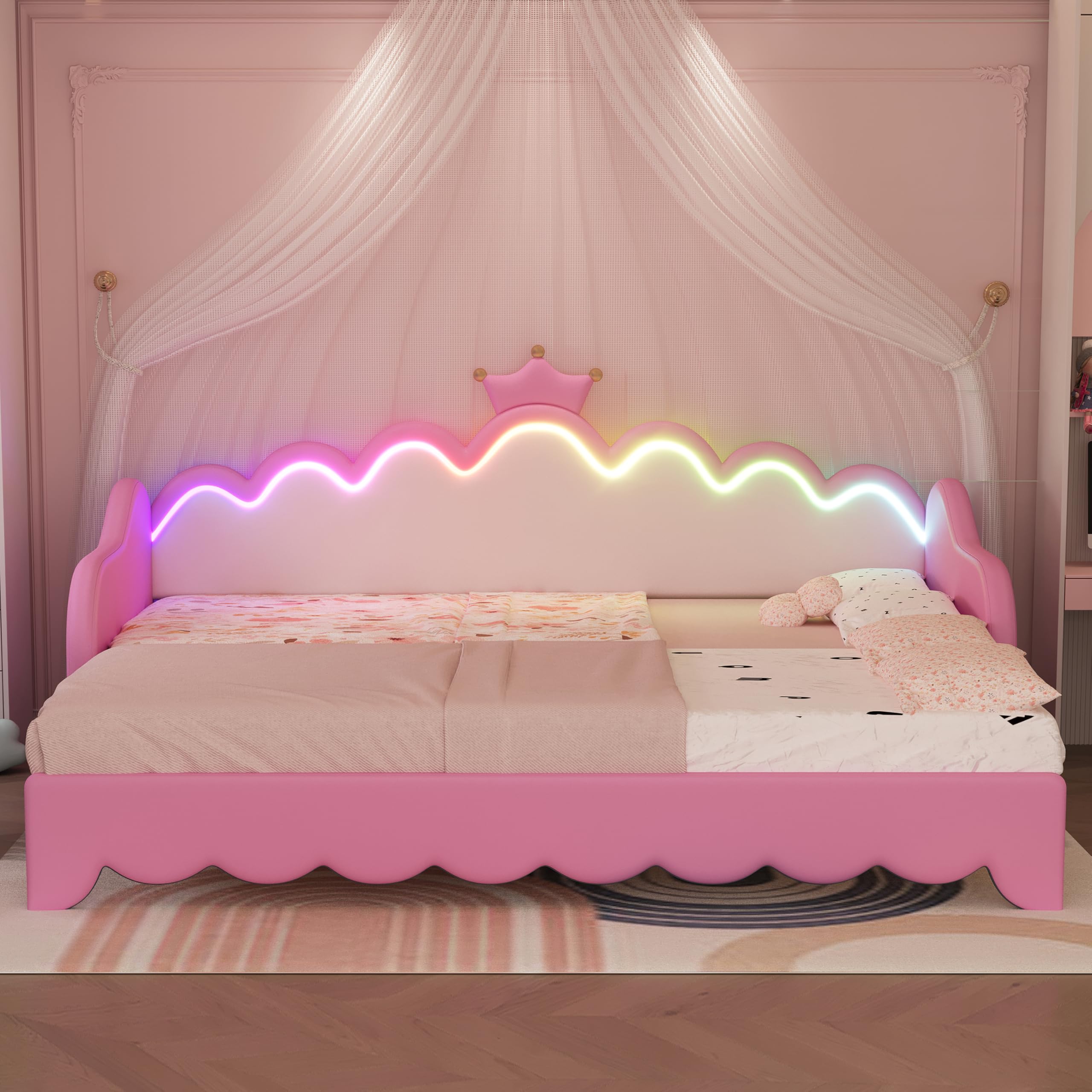 Merax Twin Size Upholstered Princess Bed Frame with Crown Headboard and Light Strips, Space-Saving Extending Daybed Pull Out Sofa Bed for Girls Teens Kids Bedroom, No Box Spring Needed, Pink