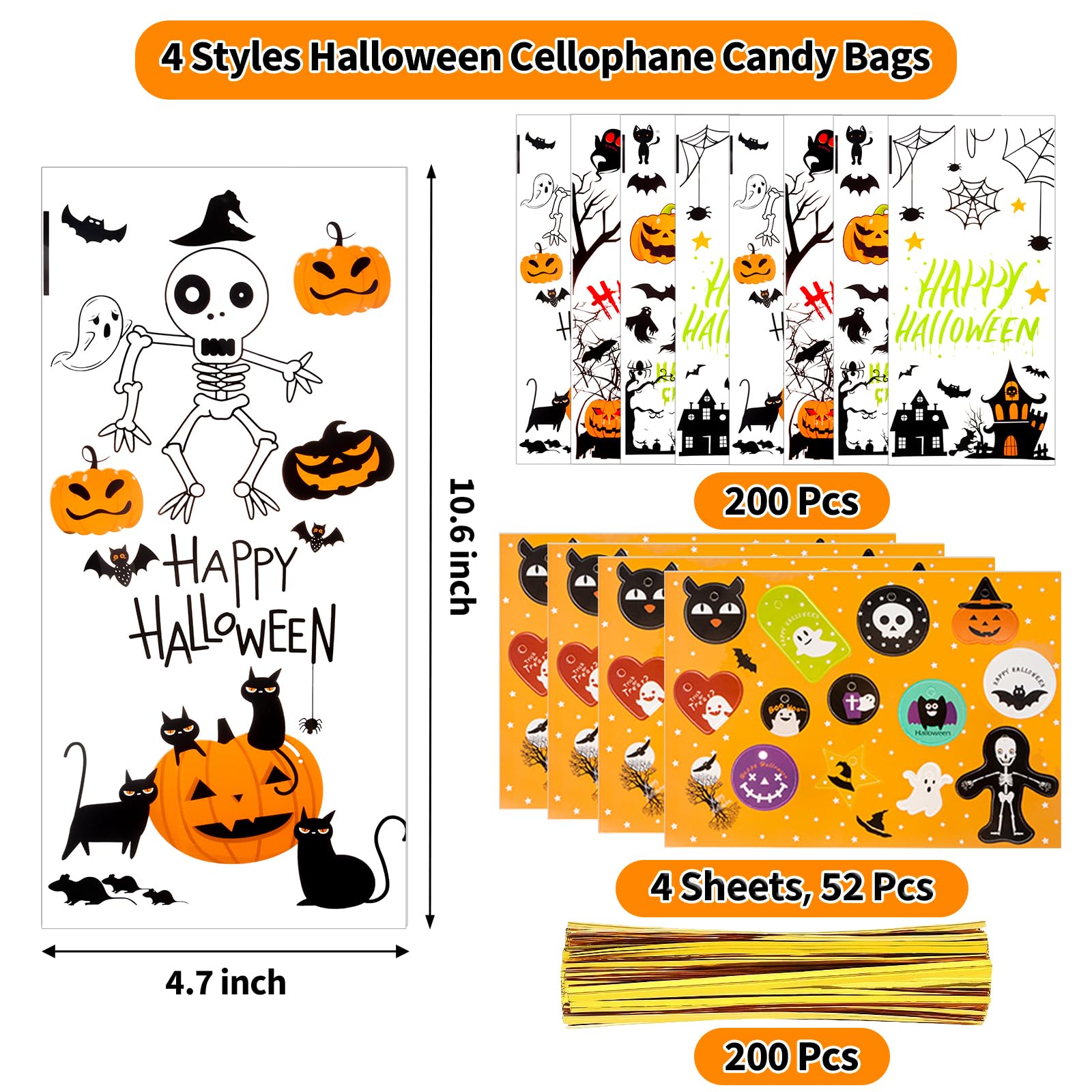 GOMANCHE Halloween Cellophane Treat Bags, 100 pcs Clear Halloween Goodie Bags with 100pcs Twists Ties, 4 Styles Halloween Cellophane Candy Bags with Gift Tag for Kids Halloween Party Supplies