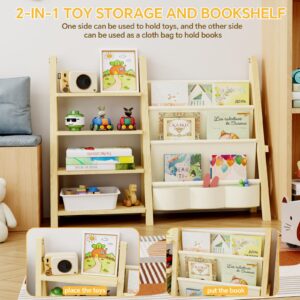 Oenalw Toy Storage Organizer with Kids Bookshelf, Montessori Wooden Toy Organizer Book Shelf for Kids Rooms, Nursery, Playroom, Child, Baby, Toddler Bookcase, Toys Rack Fabric Sling Book Shelves