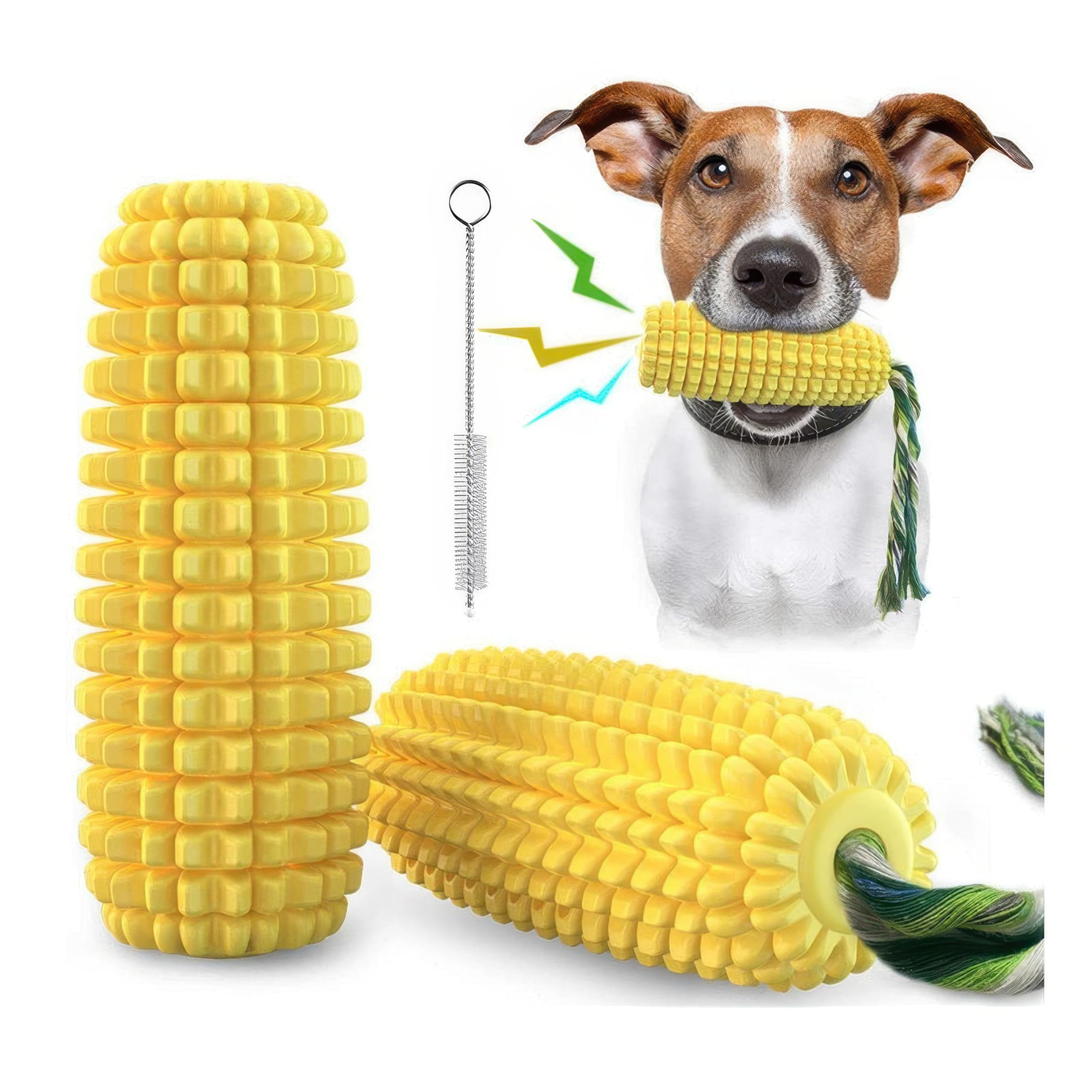 Naiadiy Dog Chew Toy for Aggressive Chewers, Corn-Shaped Toy for Medium and Small Dogs, Dental Cleaning Toy, Chew Stick and Cotton Rope Combo, includes Cleaning Brush