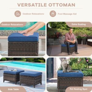 Bellefurn Patio Ottomans Set of 2 Outdoor Ottomans Wicker Foot Stools 2 Piece Footrest PE Rattan Ottomans with Thickened Cushions for Patio Garden Porch Balcony Poolside Deck, Brown|Blue