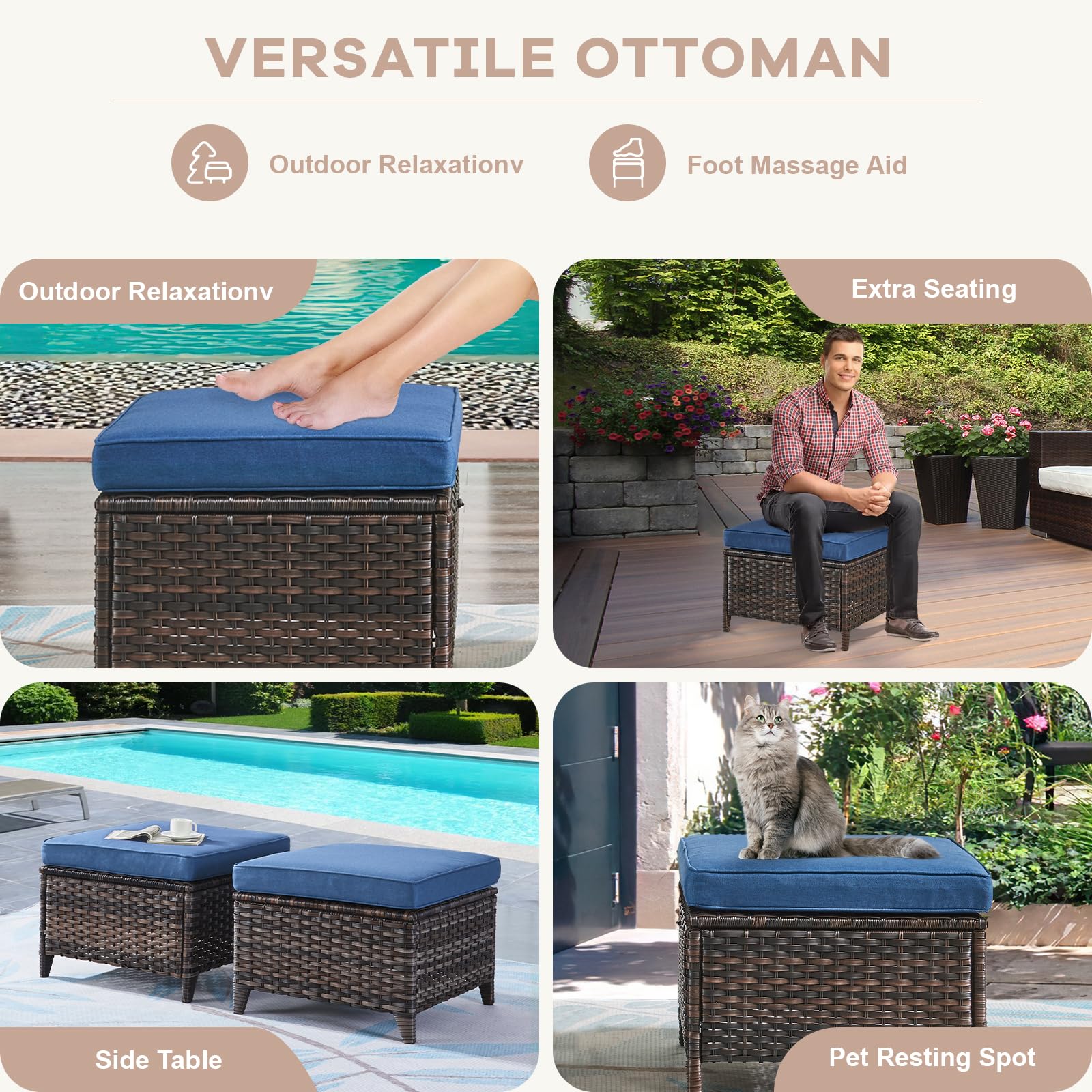 Bellefurn Patio Ottomans Set of 2 Outdoor Ottomans Wicker Foot Stools 2 Piece Footrest PE Rattan Ottomans with Thickened Cushions for Patio Garden Porch Balcony Poolside Deck, Brown|Blue