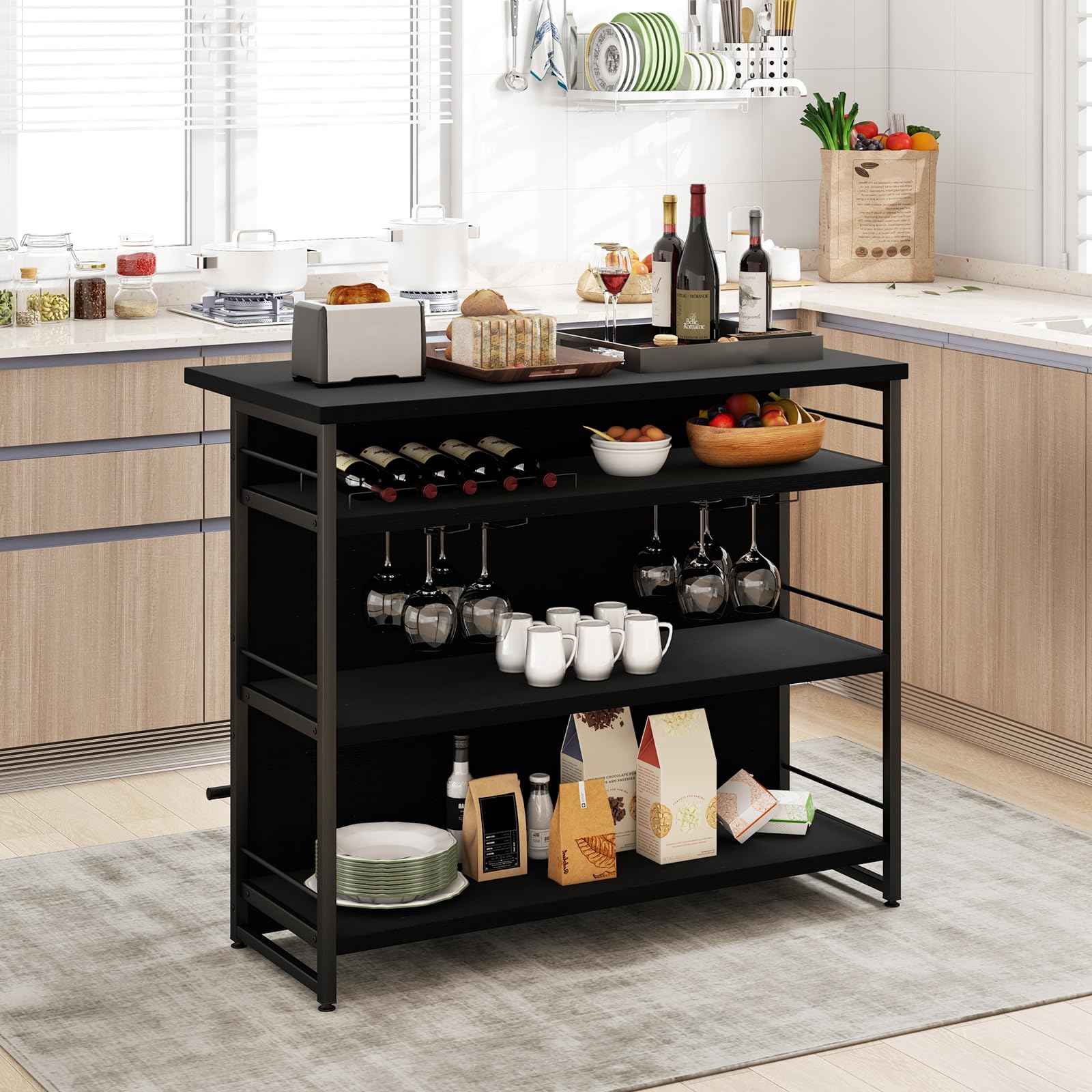 Giantex Home Bar Unit, 4 Tier Liquor Bar Table with Footrest, Wine Bottle Racks, Glass Holder, Industrial Corner Mini Coffee Bar Cabinet for Home Kitchen Pub (Black)