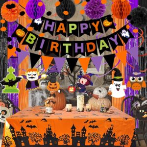 Halloween theme Birthday Party Decorations,Happy Birthday Decorations with Paper Triangle Flag,Hanging Swirl Streamers,Honeycomb Ball,Tissue Paper Pom,Circle Dots Garland, Fringe Curtains (birthday)