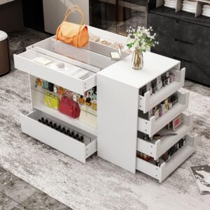 moumon makeup vanity storage island with drawers and shelves, wardrobe closet island with glass tabletop, for dressing room cloakroom white (47.2”w x 23.6”d x 31.5”h)