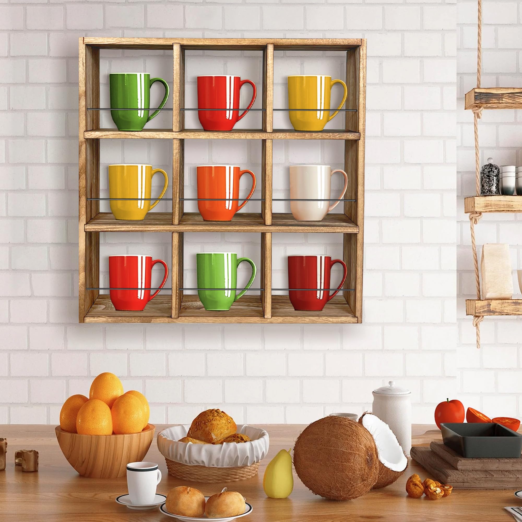 Mug Rack, Mug Rack Wall Mounted, Coffee Mug Organizer for Kitchen, Coffee Bar, Wooden, 9/16/25 Compartments (9 Compartments)