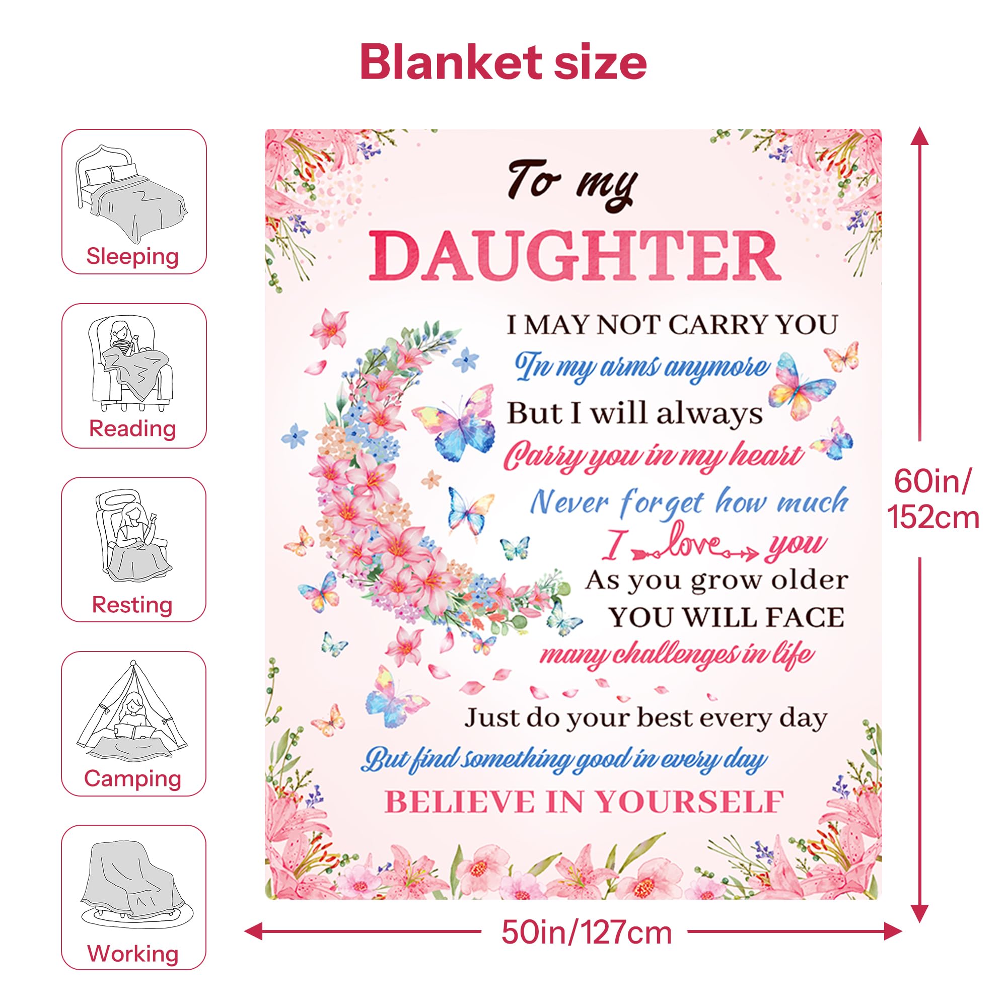 Daughter Blanket from Mom Dadto My Daughter Blankets, Birthday Gift for Girl Adult,Soft Fleece Throw Bedding for Bed Couch forGraduation,Christmas,Thanksgiving, 50x60,Moon and Butterfly