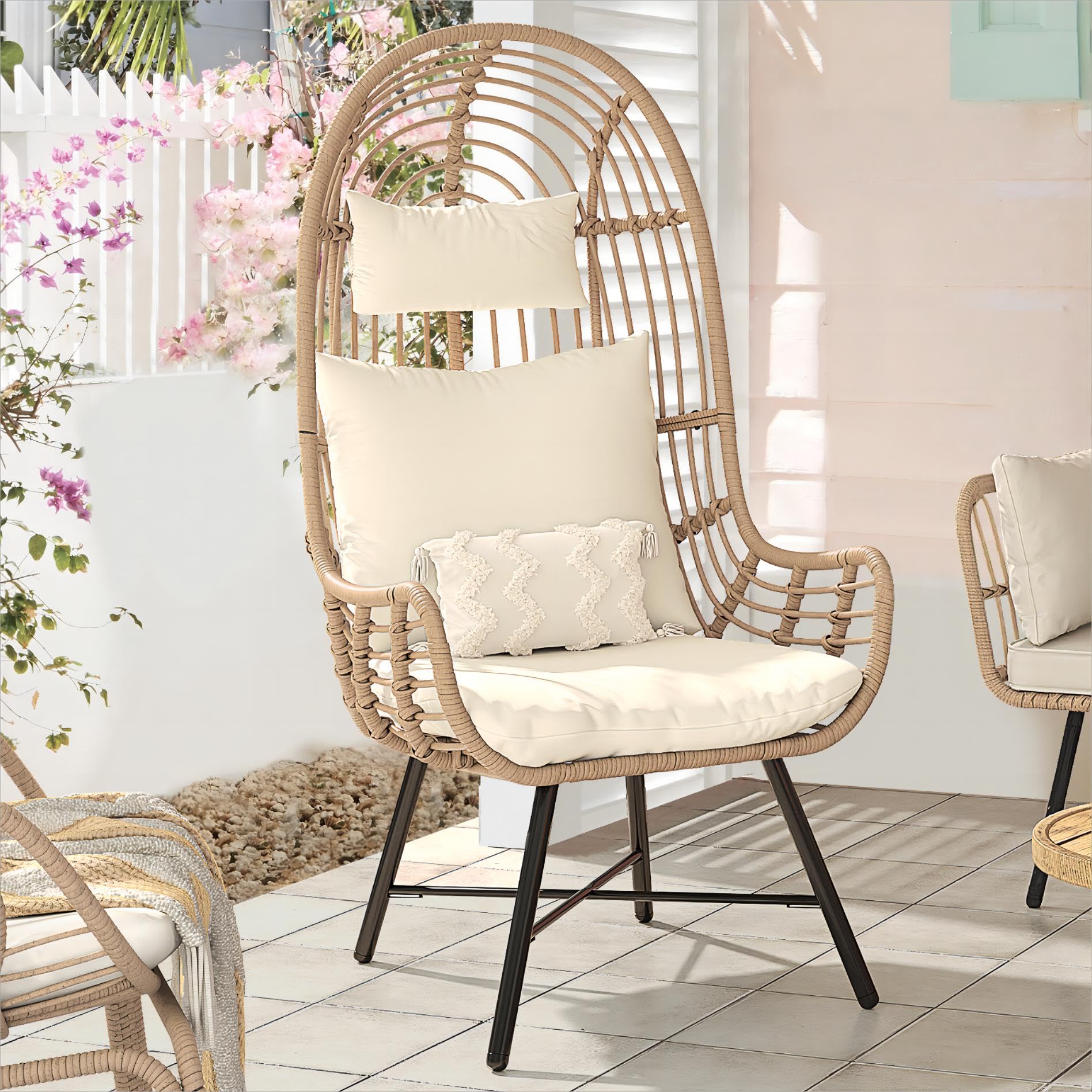 YITAHOME Outdoor Narrow Egg Chair, Patio Wicker Basket Chair with 370lbs Capacity Indoor Egg Chairs with Stand & Cushion Cocoon Chair for Bedroom, Patio, Balcony (Beige)