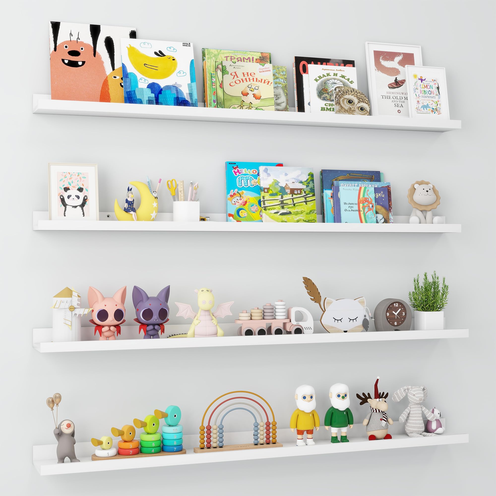 Axeman White Floating Shelves for Wall | Picture Ledge Shelf Set of 4 | 48 Inch Picture Shelf for Wall with Ledge | Floating Shelves with Lip Photo Ledge Shelves Display Shelves Nursery Book Shelves