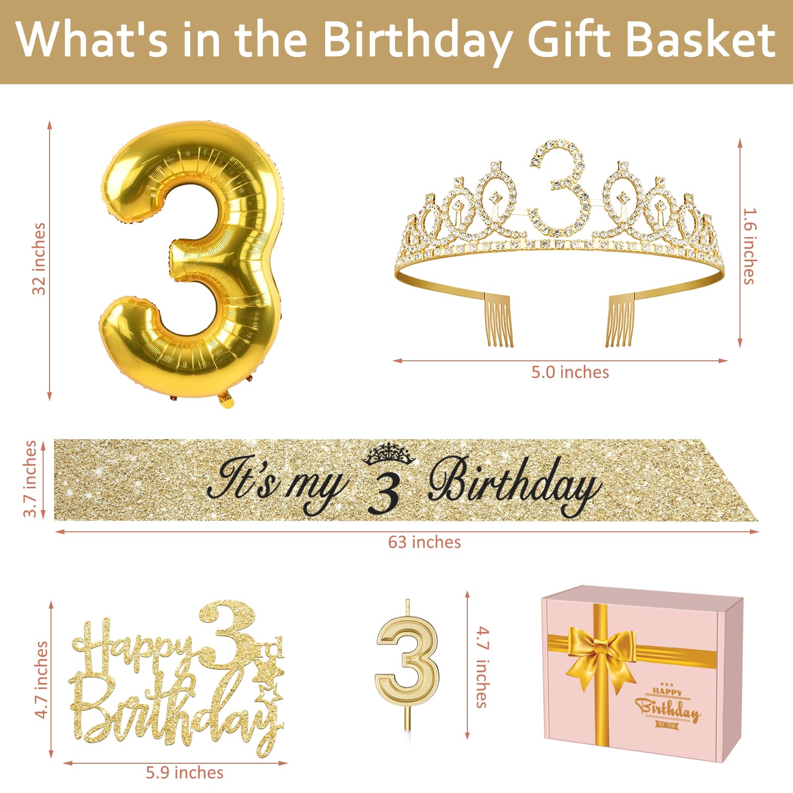 3rd Birthday Decorations for Girls, Including 3rd Birthday Sash and Tiara, Cake Topper and Candle 3, Number 3 Balloon Gold, 3 Birthday Gifts for Girls, 3 Birthday Party Decorations (Gold)