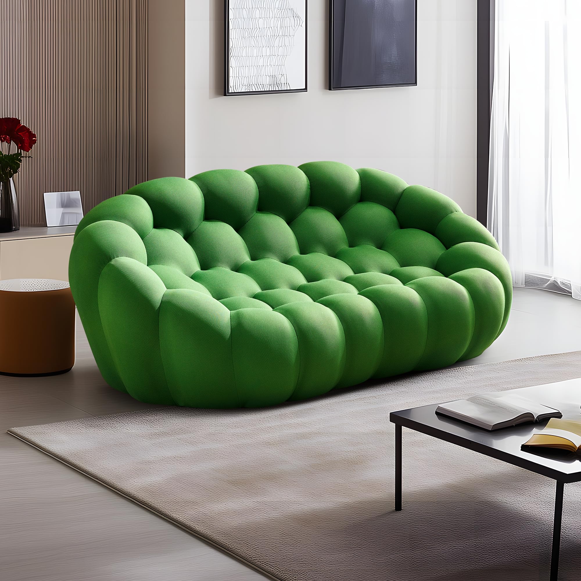 VnndeNest 74.8'' Modern Loveseat Sofa, Upholstered Comfy Mesh Fabric Oversized Love Seat Floor Sofa, Modern 2 Seater Bubble Sofa with 3D Honeycomb Shape for Living Room, Bedroom, Small Spaces, Green