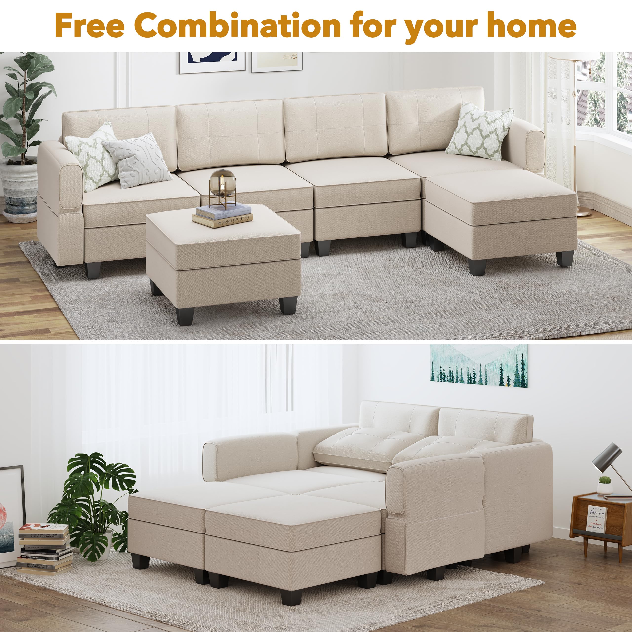 AYEASY Modular Sectional Sofa, Convertible Sectional Couches for Living Room U Shaped Sectional Sofa Couch with Storage Ottoman, High Supportive 6 Seats Reversible Sectionals 113'' with Chaise, Beige