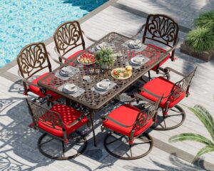 titimo cast aluminum 7-piece patio dining set with cast-top table and flower swivel rockers chairs with cushions, outdoor furniture set for backyard porch pool (red)