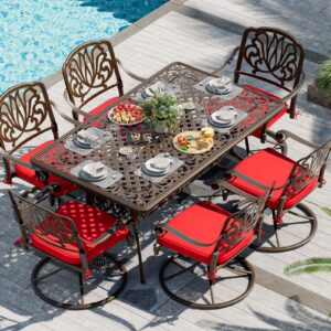 TITIMO Cast Aluminum 7-Piece Patio Dining Set with Cast-Top Table and Flower Swivel Rockers Chairs with Cushions, Outdoor Furniture Set for Backyard Porch Pool (Red)