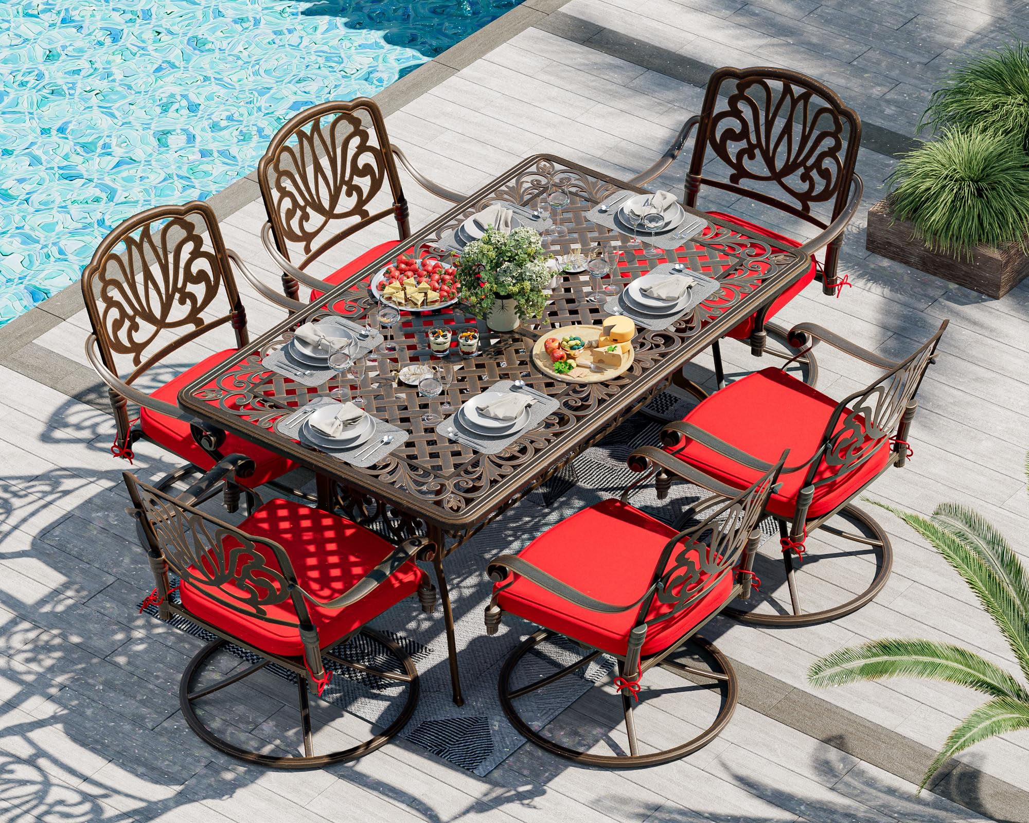 TITIMO Cast Aluminum 7-Piece Patio Dining Set with Cast-Top Table and Flower Swivel Rockers Chairs with Cushions, Outdoor Furniture Set for Backyard Porch Pool (Red)