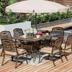 TITIMO Cast Aluminum Patio Dining Set 7-Piece with Cast-Top Table and Chairs with Cushions,Outdoor Furniture Set for Backyard Porch Pool (6 Love Chairs+Rect Table+Khaki Cushions)