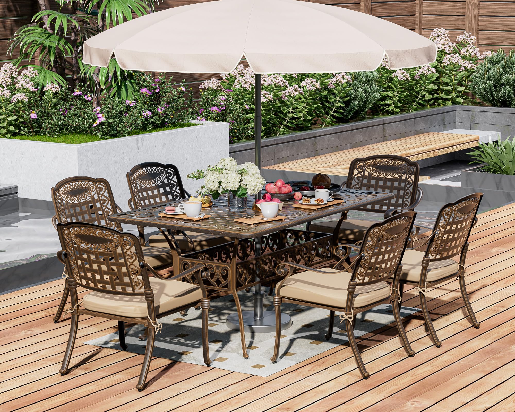 TITIMO Cast Aluminum Patio Dining Set 7-Piece with Cast-Top Table and Chairs with Cushions,Outdoor Furniture Set for Backyard Porch Pool (6 Love Chairs+Rect Table+Khaki Cushions)