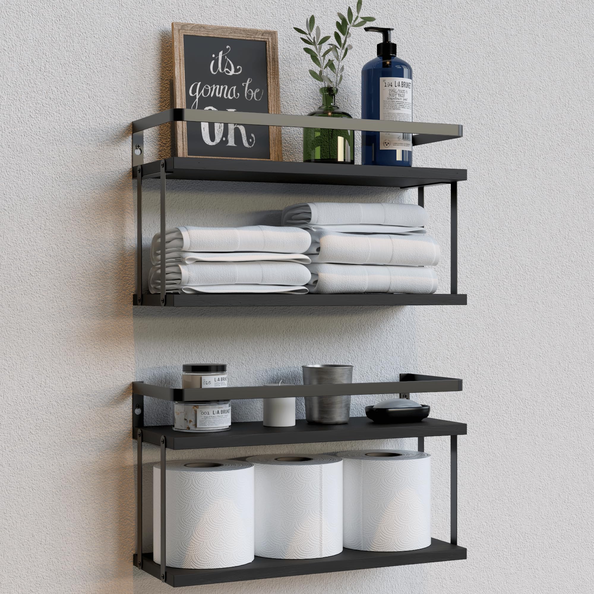 RICHER HOUSE Floating Shelves Bathroom, Black Wall Shelves Above Toilet, Bathroom Shelves Wall Mounted, Rustic Wood Hanging Shelves for Bedroom, Kitchen, Living Room, Bathroom Decor Storage - Black