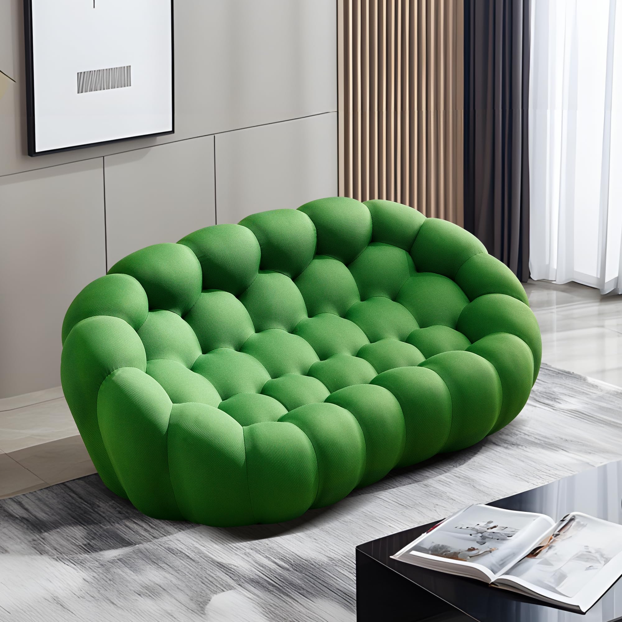 VnndeNest 74.8'' Modern Loveseat Sofa, Upholstered Comfy Mesh Fabric Oversized Love Seat Floor Sofa, Modern 2 Seater Bubble Sofa with 3D Honeycomb Shape for Living Room, Bedroom, Small Spaces, Green