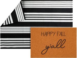 tinideya 2 pcs fall front door welcome doormat set includes 24 x 35 black and white striped mat 16 x 24 welcome mat coir door mat autumn doormat washable for outdoor indoor entrance(happy fall)