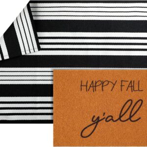 Tinideya 2 Pcs Fall Front Door Welcome Doormat Set Includes 24 x 35 Black and White Striped Mat 16 x 24 Welcome Mat Coir Door Mat Autumn Doormat Washable for Outdoor Indoor Entrance(Happy Fall)