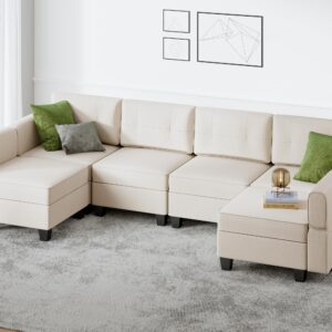 AYEASY 113'' Modular Sectional Sofa, Convertible Sectional Couches for Living Room U Shaped Sectional Sofa Couch with Storage Ottoman, High Supportive 6 Seats Reversible Sectionals with Chaise, Beige