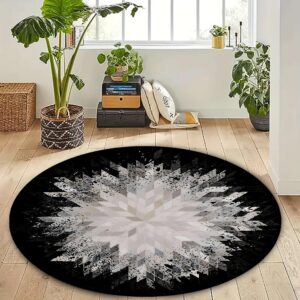 EXINBU Modern Round Area Rug, 7ft, Luxury Chic Black and Gray Geometric Abstract Round Carpet Floor Mat, Non-Slip Non-Shedding Indoor Carpet for Living Room Bedroom Kitchen Apartment Office