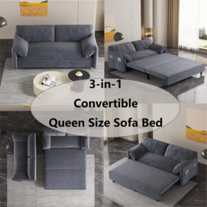 HomSof 63.8" Queen Pull Out Sofa Bed,3-in-1 Convertible Sleeper Sofa with 2 Soft Pillows,Multi-Functional Velvet Loveseat Bed for Living Room,Bedroom,Apartment,Office,Grey