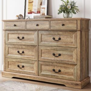 linsy home farmhouse 9 drawers dresser for bedroom, wood bedroom dresser farmhouse drawer chest, 9 chest of drawer, tall dresser for closet, dressers organizer for living room, closet, hallway, brown