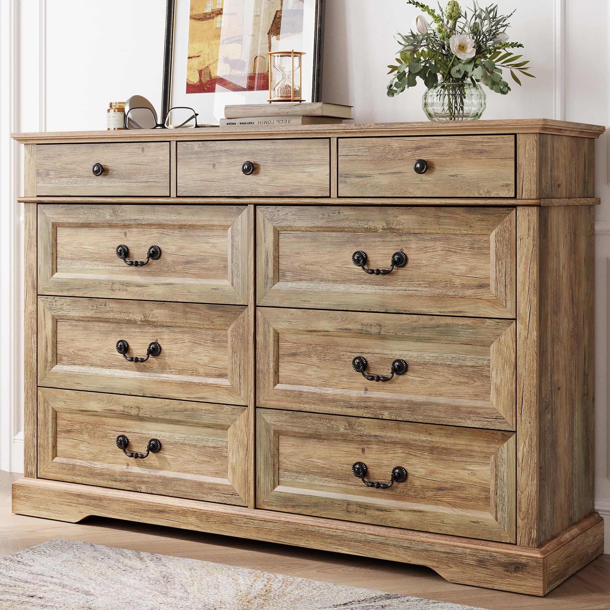 LINSY HOME Farmhouse 9 Drawers Dresser for Bedroom, Wood Bedroom Dresser Farmhouse Drawer Chest, 9 Chest of Drawer, Tall Dresser for Closet, Dressers Organizer for Living Room, Closet, Hallway, Brown