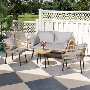 dwvo 4 pieces patio furniture set, outdoor wicker bistro set, all-weather rattan conversation set with loveseat chairs table soft cushions for backyard, pool, deck, garden (grey)