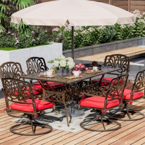 TITIMO Cast Aluminum 7-Piece Patio Dining Set with Cast-Top Table and Flower Swivel Rockers Chairs with Cushions, Outdoor Furniture Set for Backyard Porch Pool (Red)