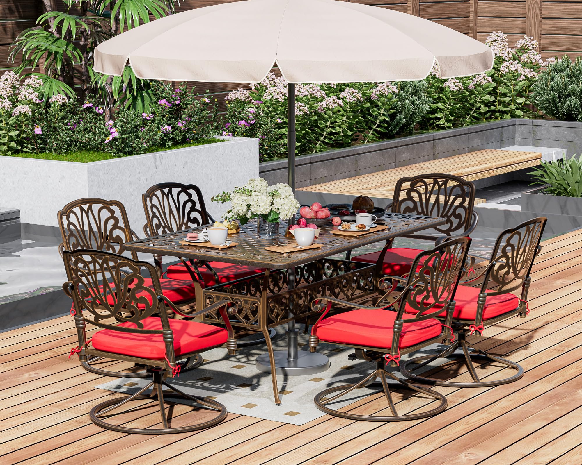 TITIMO Cast Aluminum 7-Piece Patio Dining Set with Cast-Top Table and Flower Swivel Rockers Chairs with Cushions, Outdoor Furniture Set for Backyard Porch Pool (Red)