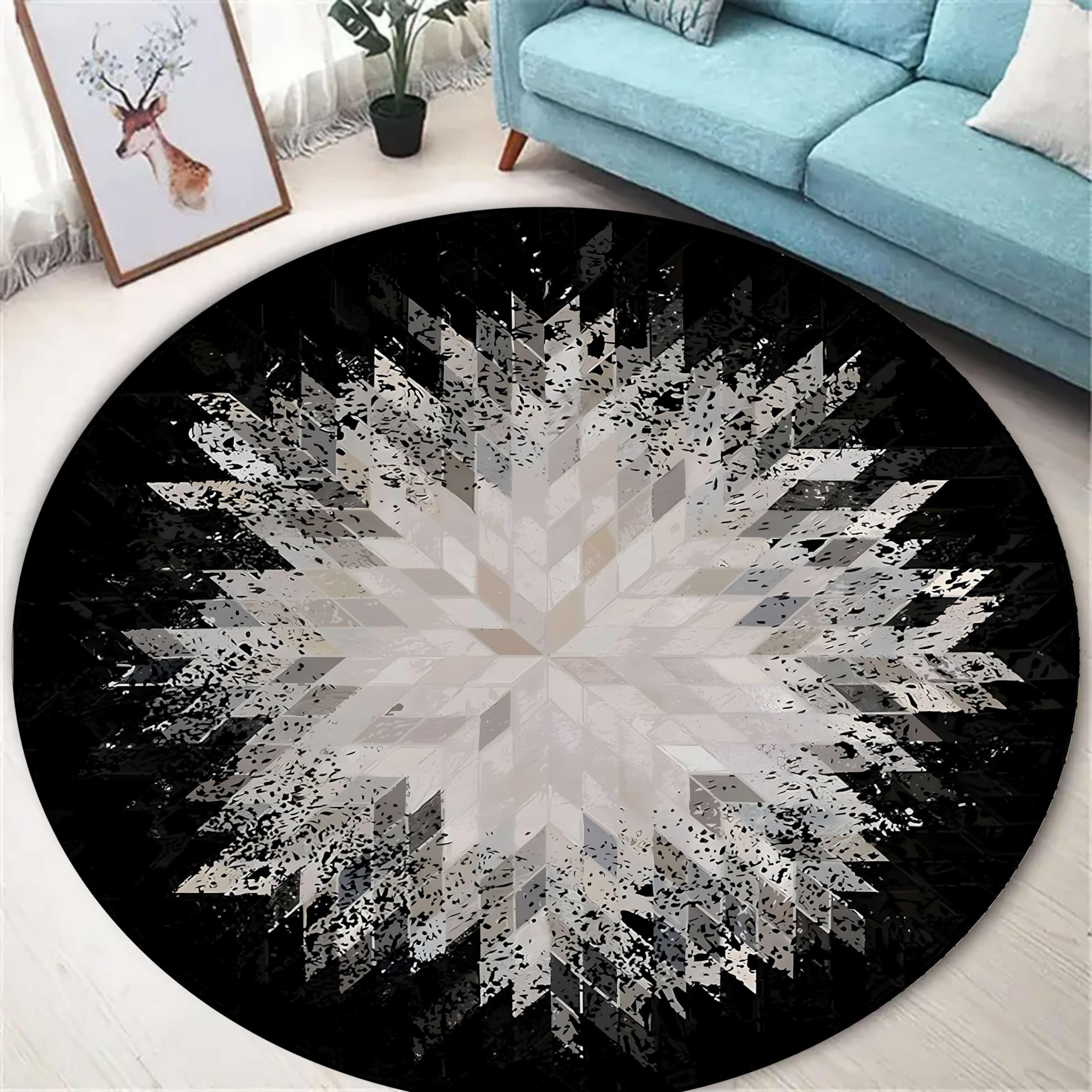 EXINBU Modern Round Area Rug, 7ft, Luxury Chic Black and Gray Geometric Abstract Round Carpet Floor Mat, Non-Slip Non-Shedding Indoor Carpet for Living Room Bedroom Kitchen Apartment Office