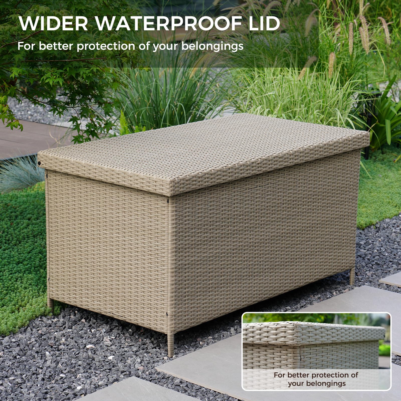 Grand patio 158 Gallon Deck Box,Outdoor Storage Box with Lid Large Wicker Storage Bin for Patio Furniture Cushions,Garden Tools,Pool Accessories,Grey