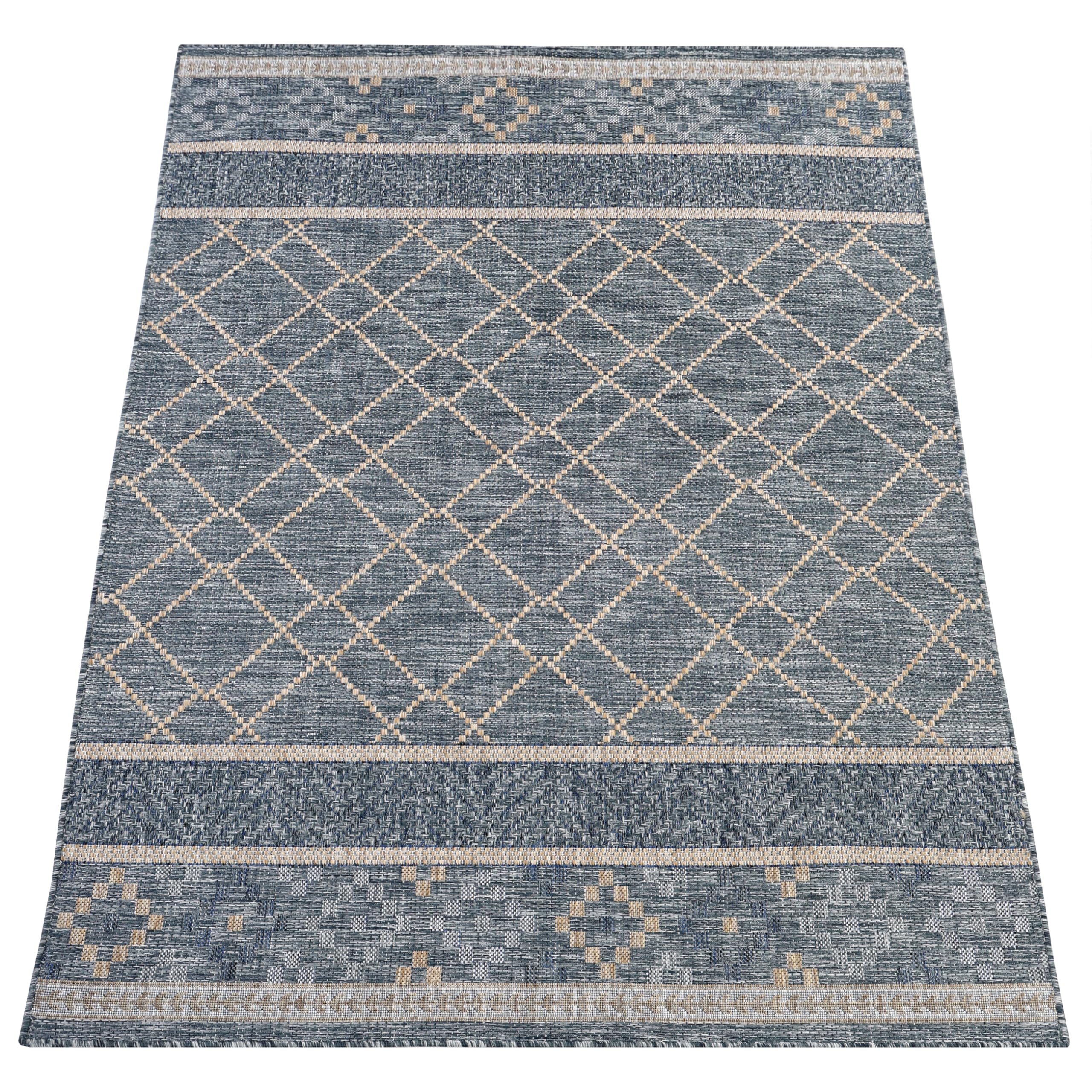 TAPISO Melissa Area Rug 4x6 ft - Indoor Outdoor, Geometric Stripes, Non-Shedding, Easy-Cleaning, Durable Carpet for Patio, Terrace, Living Room, Bedroom, Kitchen, Blue Beige (120x180 cm)