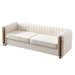 Contemporary Velvet Sofa Couch 84.25''W for Living Room - Modern Velvet Couch with Flared Arms and Removable Cushions, Living Room Furniture, Solid Wood Frame with Golden Legs - Beige