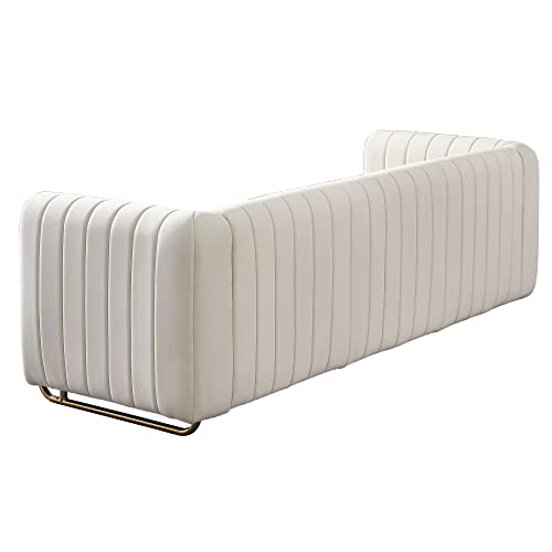 Contemporary Velvet Sofa Couch 84.25''W for Living Room - Modern Velvet Couch with Flared Arms and Removable Cushions, Living Room Furniture, Solid Wood Frame with Golden Legs - Beige