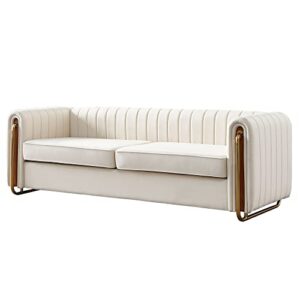 Contemporary Velvet Sofa Couch 84.25''W for Living Room - Modern Velvet Couch with Flared Arms and Removable Cushions, Living Room Furniture, Solid Wood Frame with Golden Legs - Beige