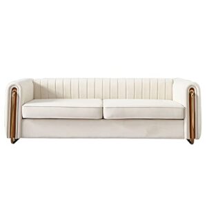 contemporary velvet sofa couch 84.25''w for living room - modern velvet couch with flared arms and removable cushions, living room furniture, solid wood frame with golden legs - beige