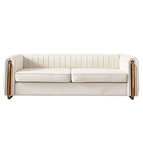 Contemporary Velvet Sofa Couch 84.25''W for Living Room - Modern Velvet Couch with Flared Arms and Removable Cushions, Living Room Furniture, Solid Wood Frame with Golden Legs - Beige