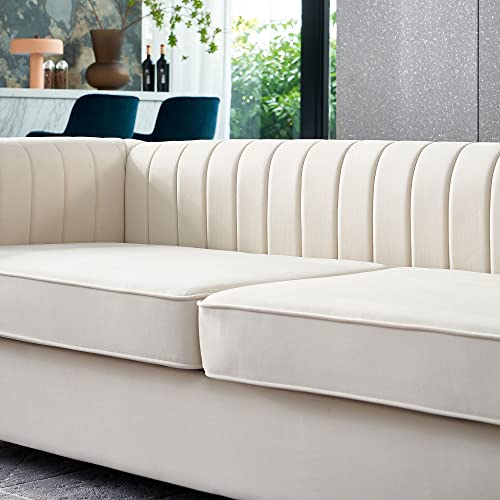 Contemporary Velvet Sofa Couch 84.25''W for Living Room - Modern Velvet Couch with Flared Arms and Removable Cushions, Living Room Furniture, Solid Wood Frame with Golden Legs - Beige