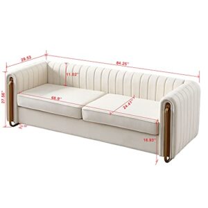 Contemporary Velvet Sofa Couch 84.25''W for Living Room - Modern Velvet Couch with Flared Arms and Removable Cushions, Living Room Furniture, Solid Wood Frame with Golden Legs - Beige